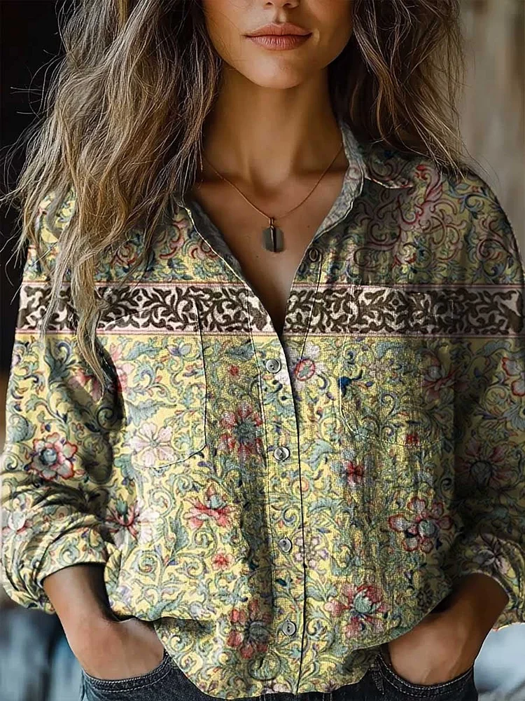 Women's Vintage Floral Art Print Casual Long Sleeve Comfortable Cotton Shirt