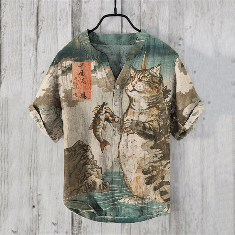 wearshes Abstract Creative Catzilla In The Great Waves Japanese Art  Pattern Linen Blend Shirt