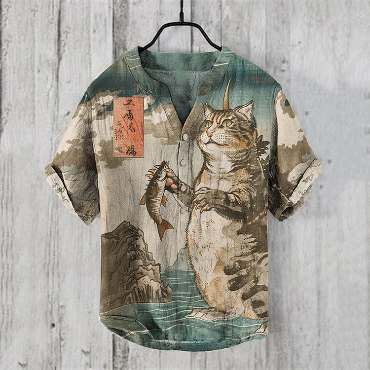 Abstract Creative Catzilla In The Great Waves Japanese Art  Pattern Linen Blend Shirt