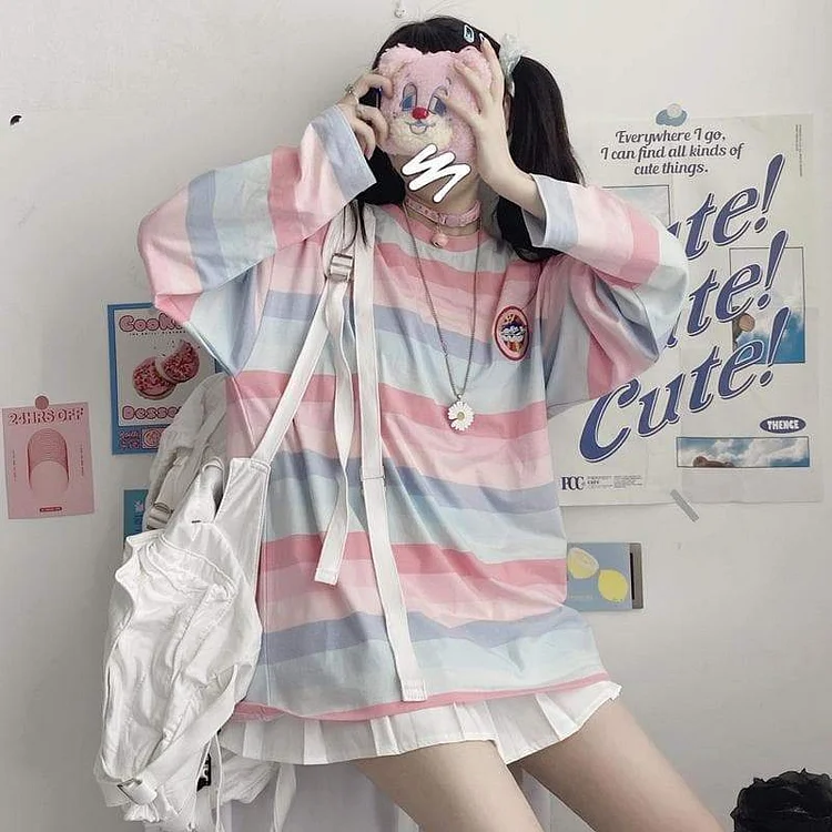 Harajuku Long Sleeve Sweet Girl Embroidery Stripe T-shirt SP15618