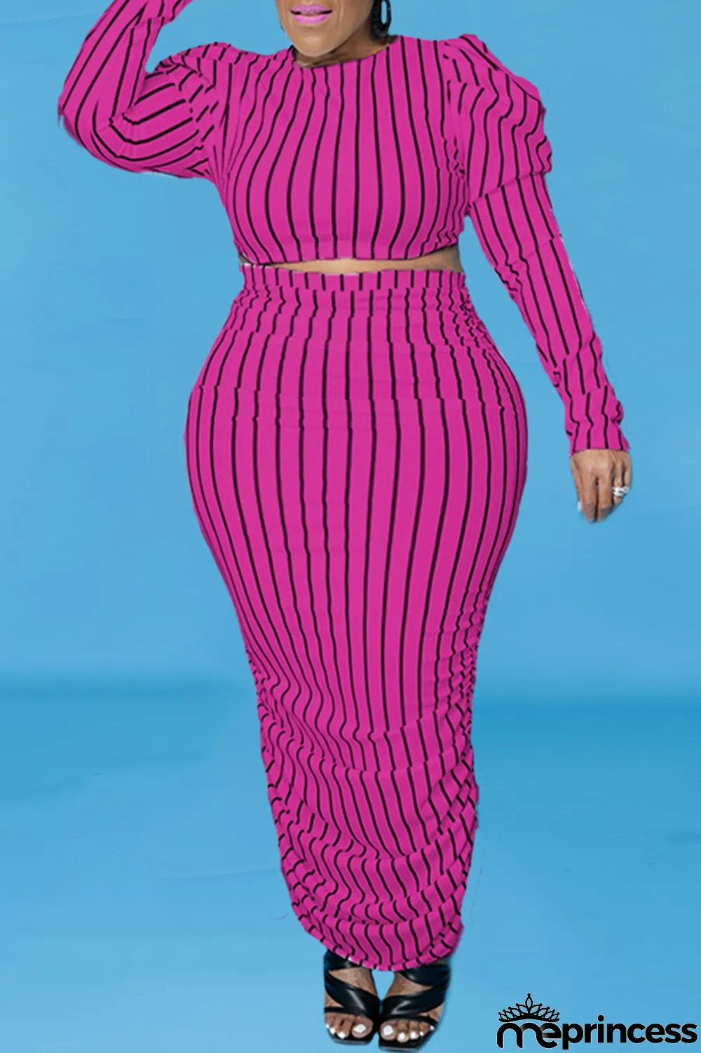 Yellow Casual Striped Split Joint O Neck Pencil Skirt Plus Size Two Pieces