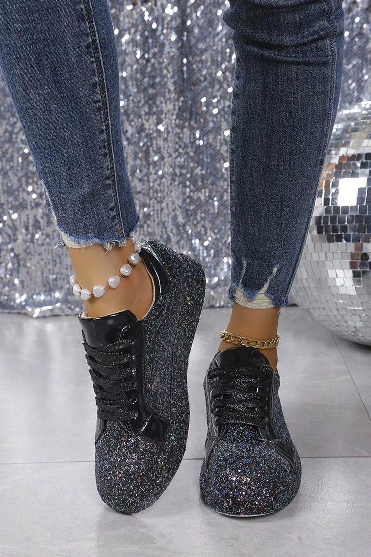Daily Black Sparkly Sequin Lace-Up Casual Shoes 2024 - Xpluswear