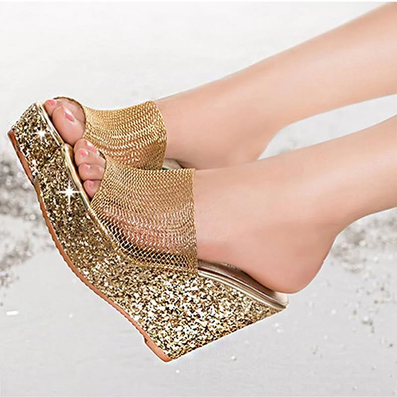 2021 Summer New Platform Wedge Sandals For Women's With PVC Sequins  Fish Mouth Word Slippers