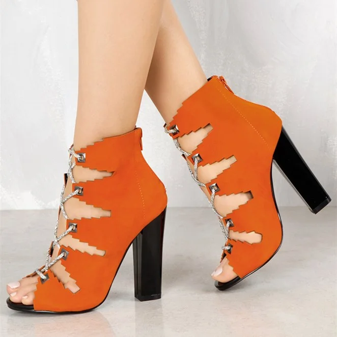 Orange Vegan Suede Peep Toe Booties Lace-Up Chunky Heel Ankle Boots |FSJ Shoes