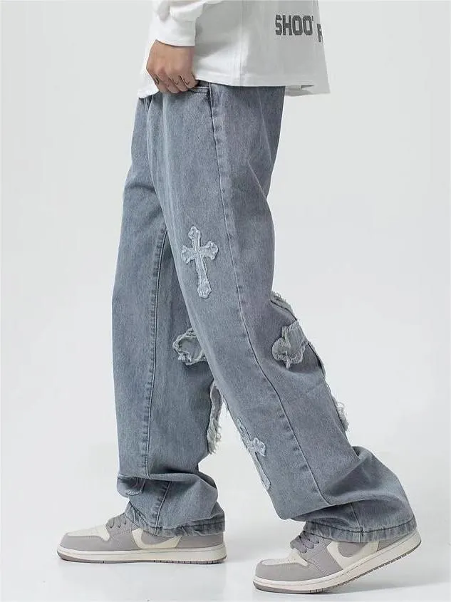 Brownm men's vintage jeans with cross patch