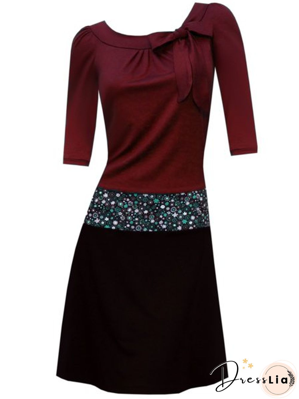 3/4 Sleeve Cotton-Blend Color-Block Casual Knitting Dress