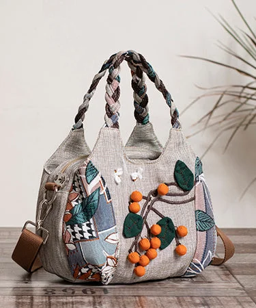 Art Grey Patchwork Fuzzy Ball Decorated Cotton Tote Handbag