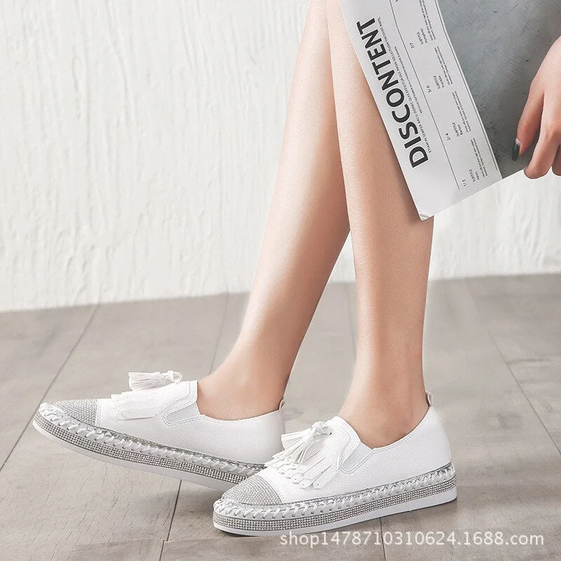 Crystal Small White Leather Shoes Women Tassel Espadrilles Creepers Fishermen Flats Ladies Loafers Handmade Leather Moccasins