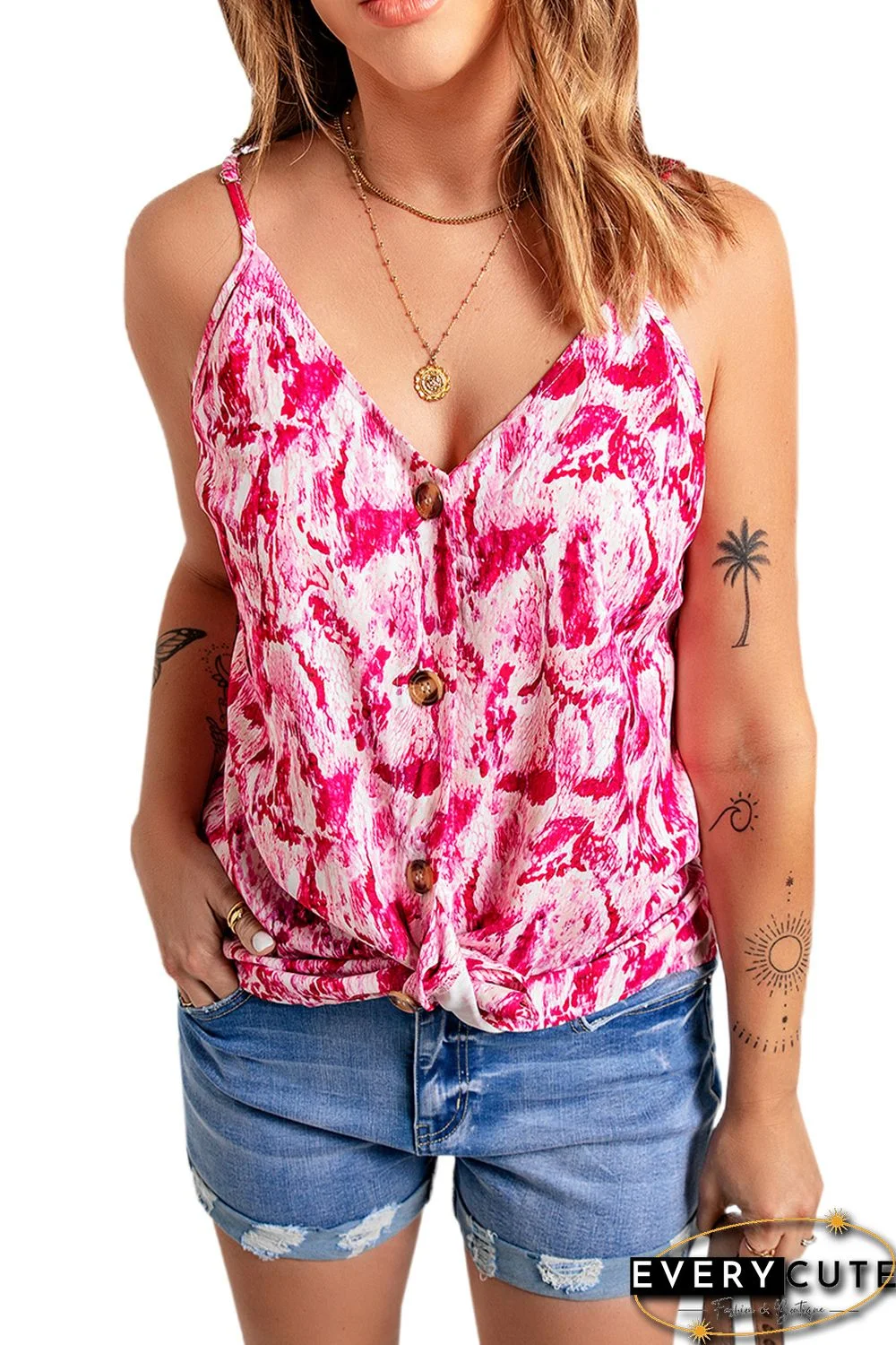 Pink Abstract Print Buttoned Tank Top