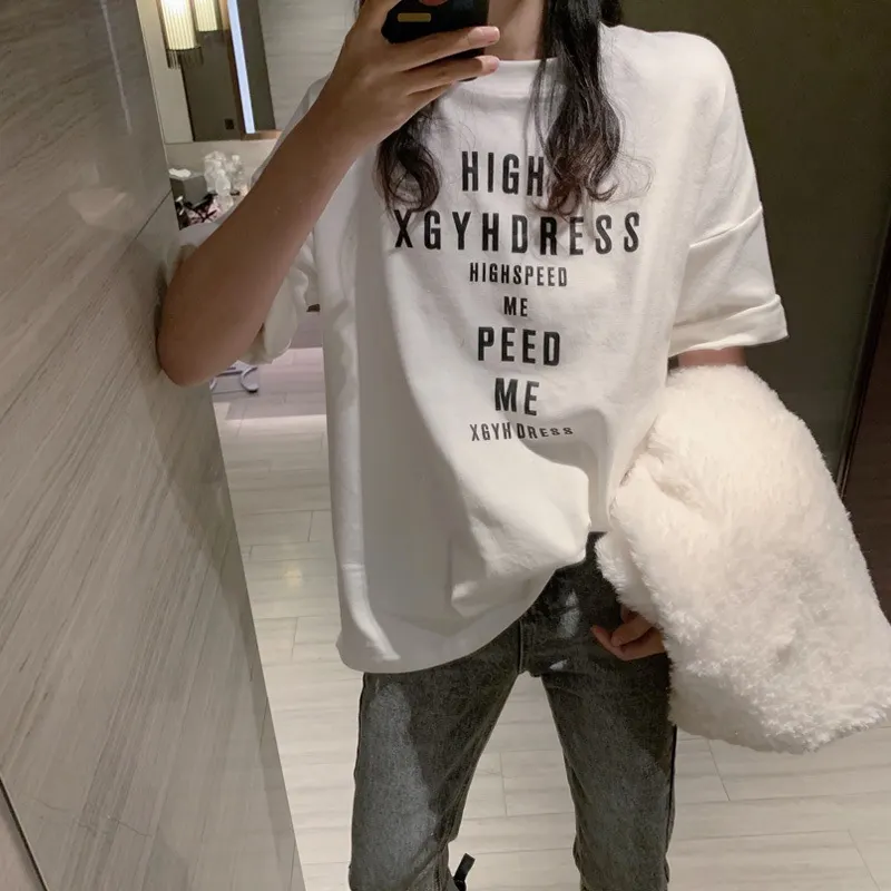 Uveng Uveng 2024 New Korean Version Loose Letter Print Short Sleeved T-Shirt Female Girl Jacket Women's Fashion