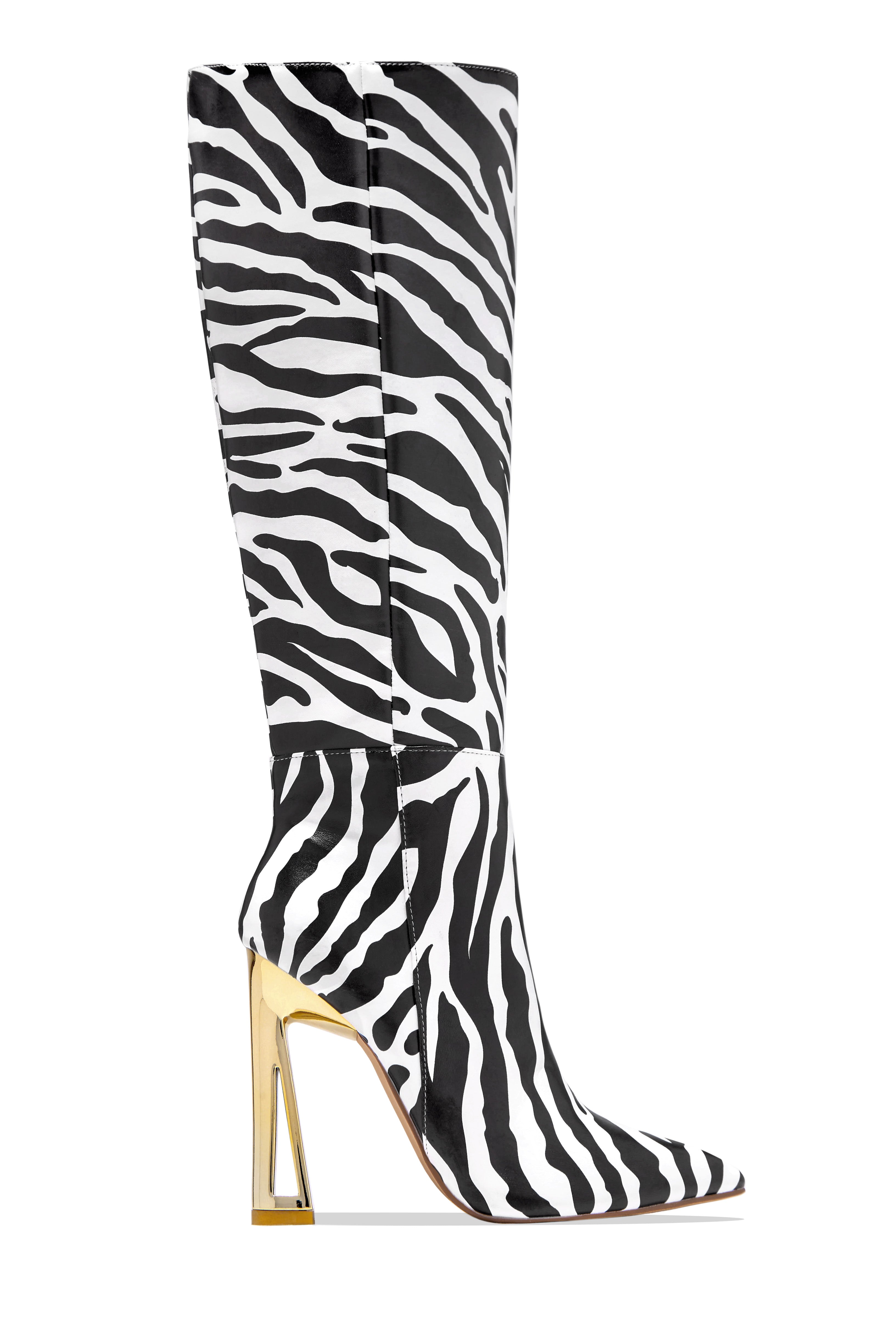 Zebra Print Leather Pointed Toe Boots With Decorative Heel Knee Boots