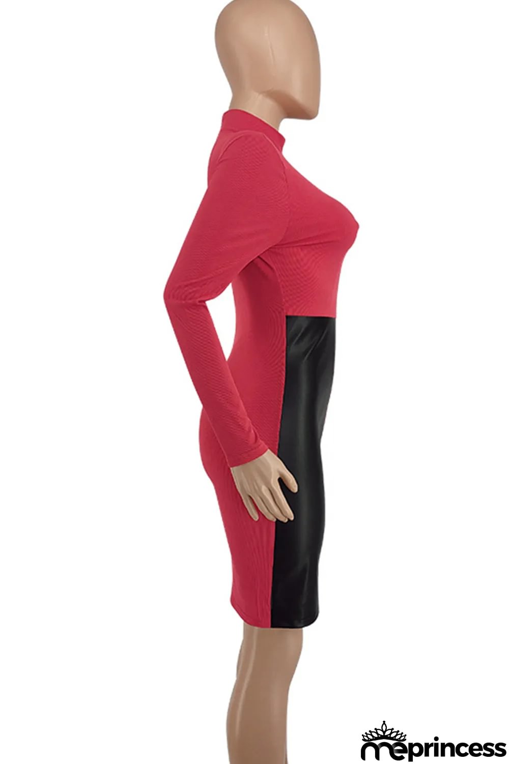 Red Fashion Sexy Patchwork Hollowed Out Asymmetrical O Neck Long Sleeve Dresses