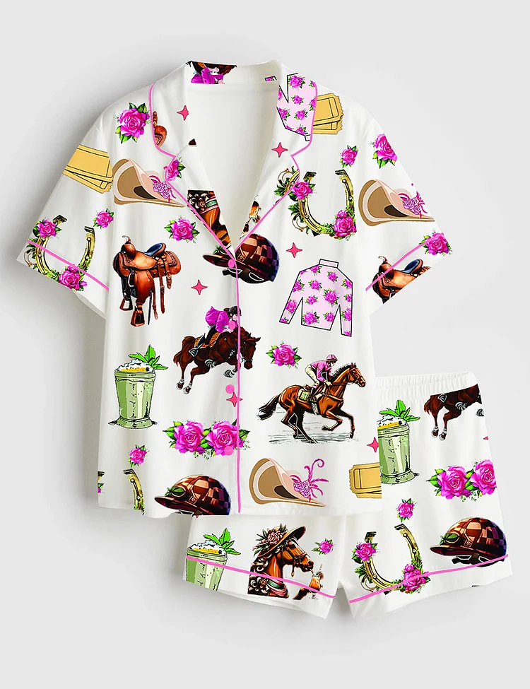Women&rsquo;s Kentucky Derby Run For The Roses Kentucky Horse Racing Western Short Sleeve Satin Pajama Set