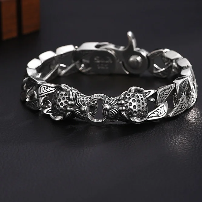 925 Silver Vintage Double Leopard Head Bracelet