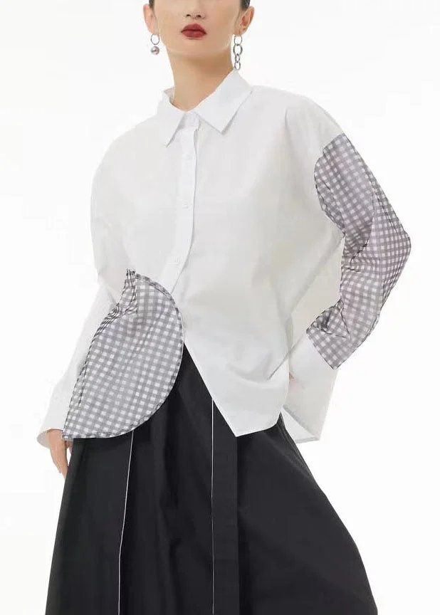 DIY White Asymmetrical Patchwork Plaid Cotton Shirt Summer
