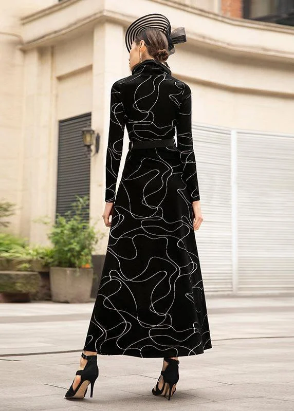 French black cotton tunic top wild Plus Size high neck Dresses