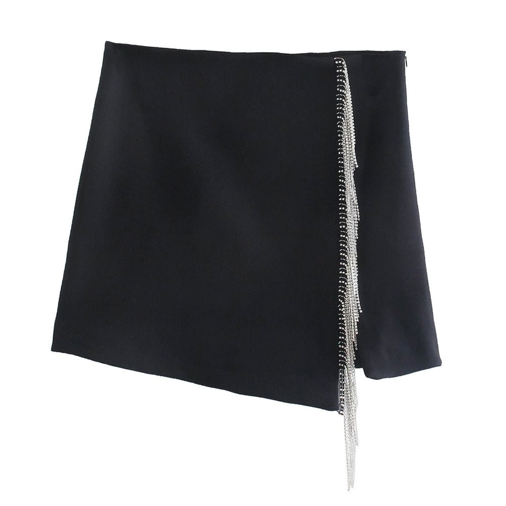 TRAF Women Fashion With Bejewelled Fringe Detail Mini Skirt Vintage High Waist Side Zipper Female Skirt Mujer