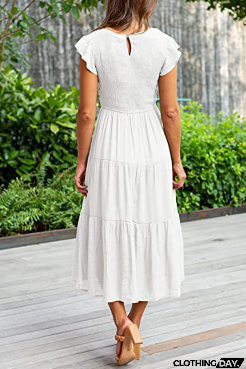 Fashion Solid Flounce O Neck Cake Skirt Dresses（9 colors）