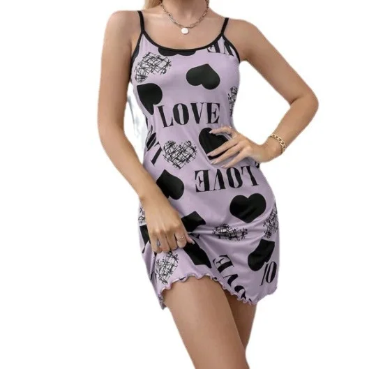 Wongn Summer Beauty Back Thin Home Clothes Sexy Sling Short Skirt Love Cartoon Cute Print Pajamas