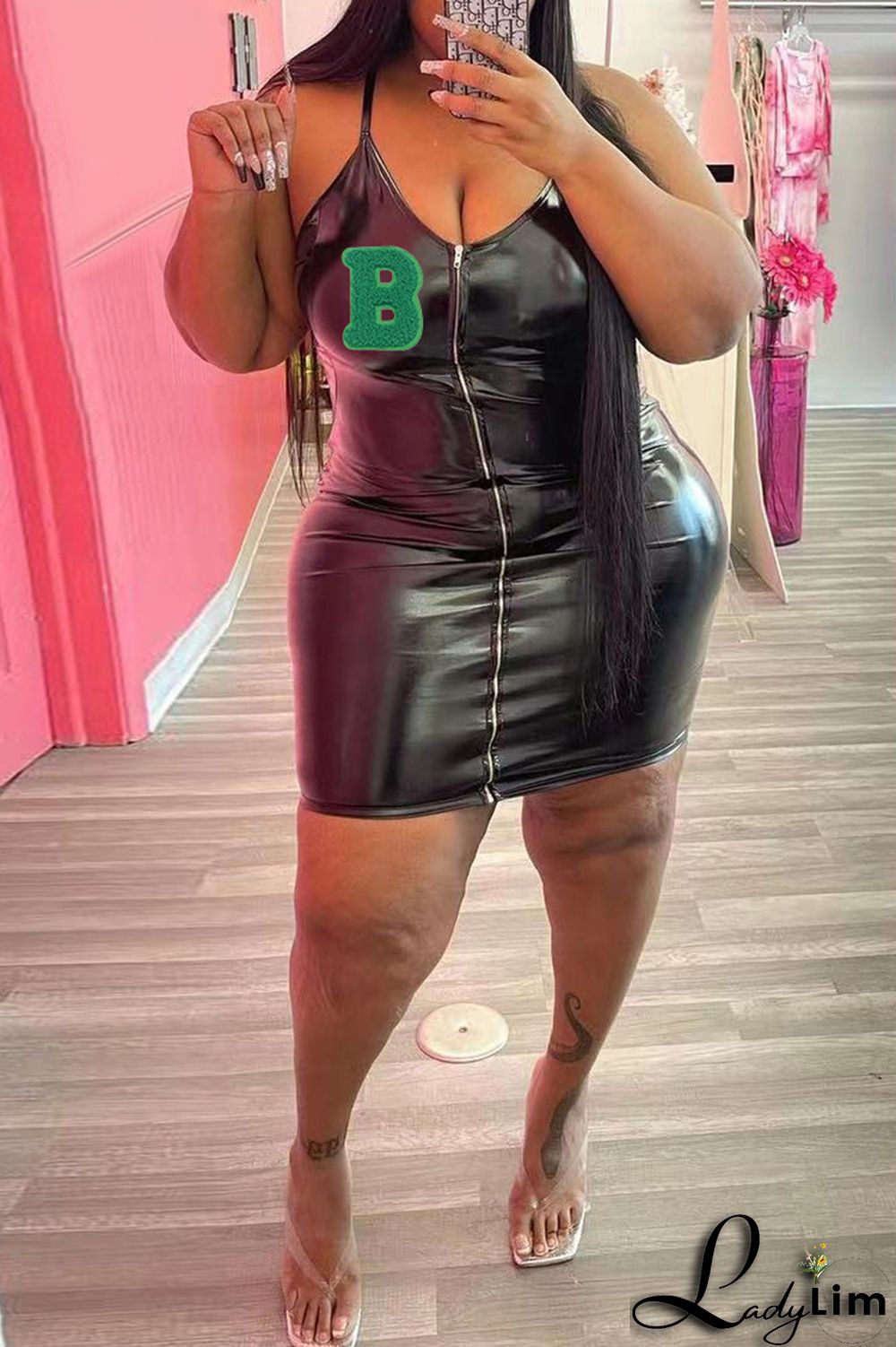 Black Fashion Sexy Plus Size Letter Backless V Neck Sling Dress