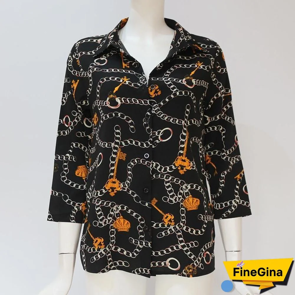 Women Chain Print Vintage Chiffon Blouse Turn-Down Collar Plus Size Loose Tops