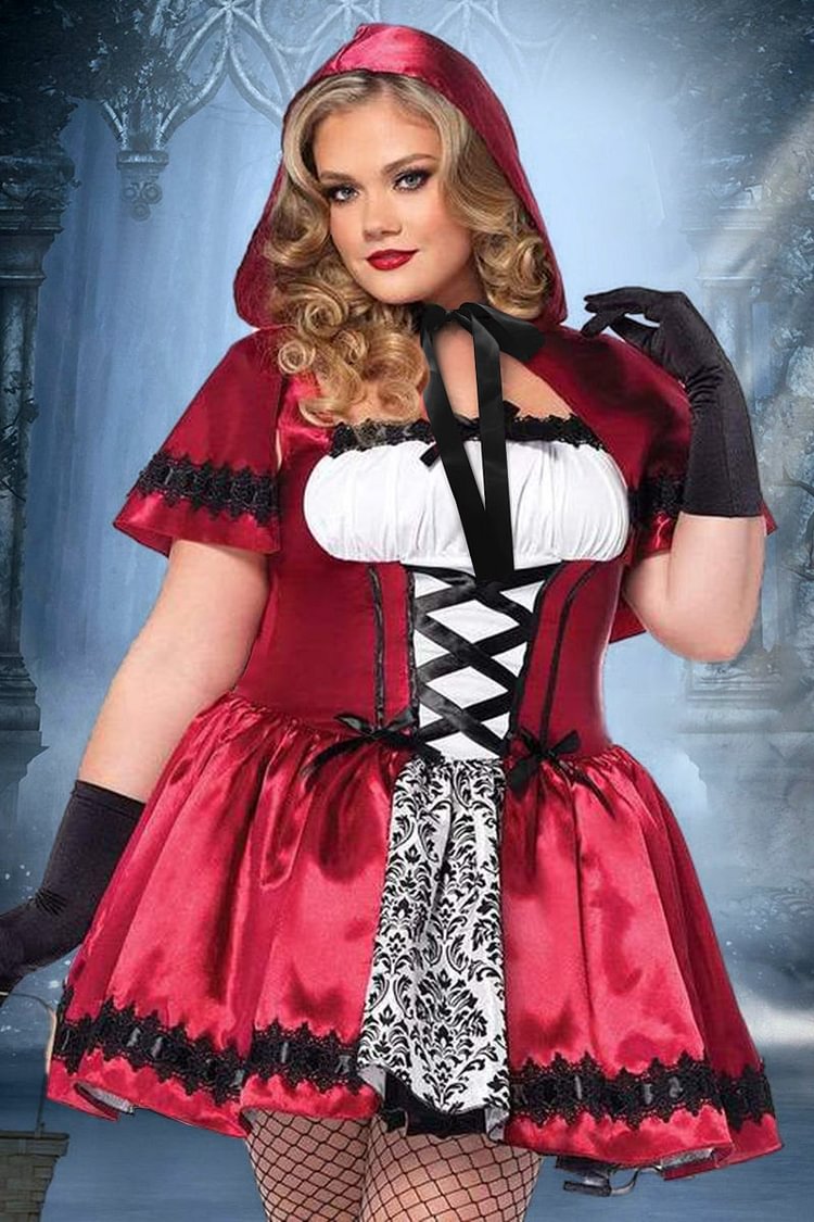 [Ships In US]Xpluswear Design Plus Size  Costume Colorblock Red Hood Bow Lace Up Mini Dress (Only Dress)