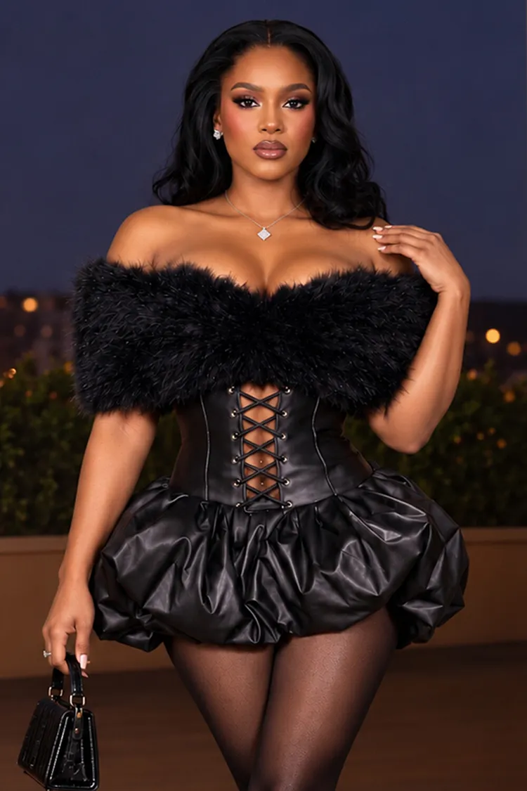 Off Shoulder Feather PU Leather Corset Bubble Mini Dresses-Black [Pre Order]