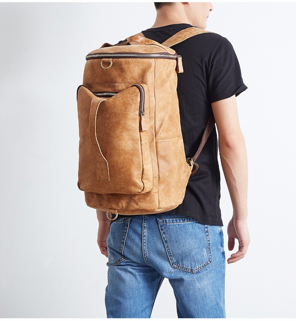 Model Show Display of Woosir Genuine Leather Cylindrical Backpack 