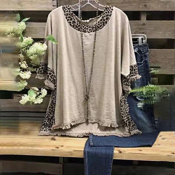 Ladies Casual Loose Leopard Patchwork Print Top