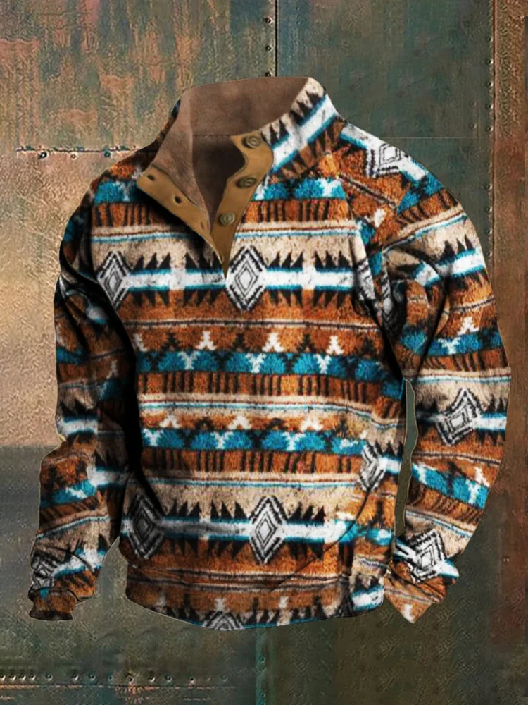 VChics Men's Southwestern Style Vintage Ethnic Frint Men's Collar Sweatshirt