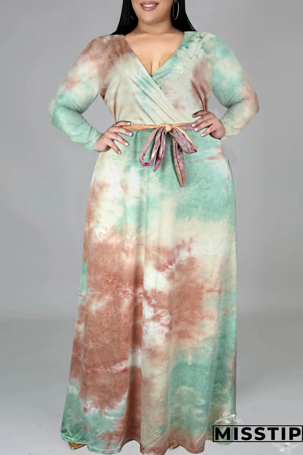 Cyan Fashion Casual Tie Dye Printing V Neck Long Sleeve Plus Size Dresses
