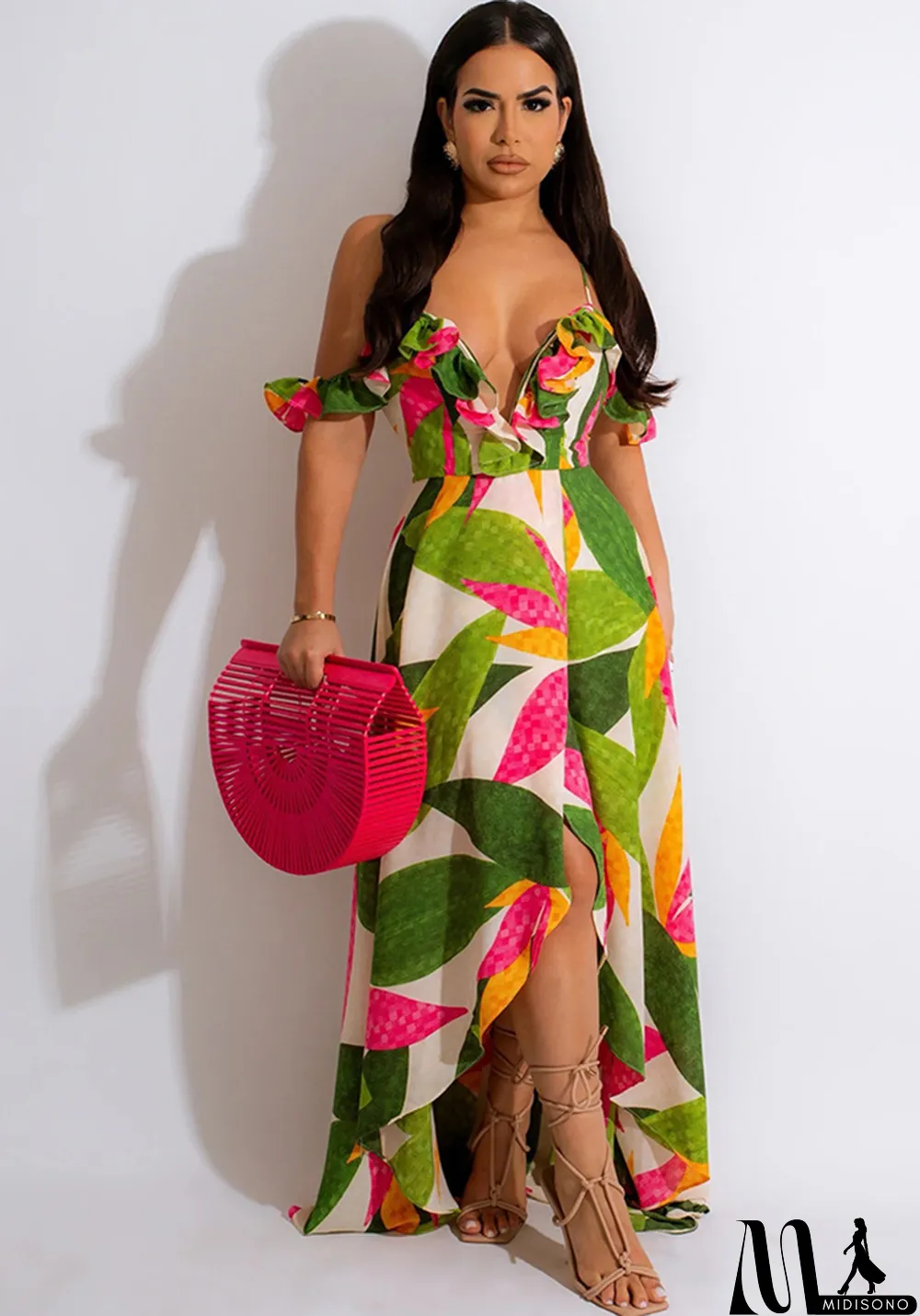 MidiSono - Sexy v-neck sling irregular print summer fashion dress