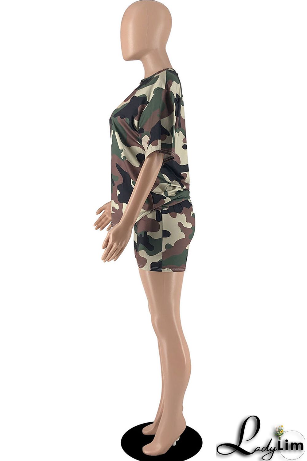 Army Green Casual Print Patchwork O Neck Short Sleeve Two Pieces