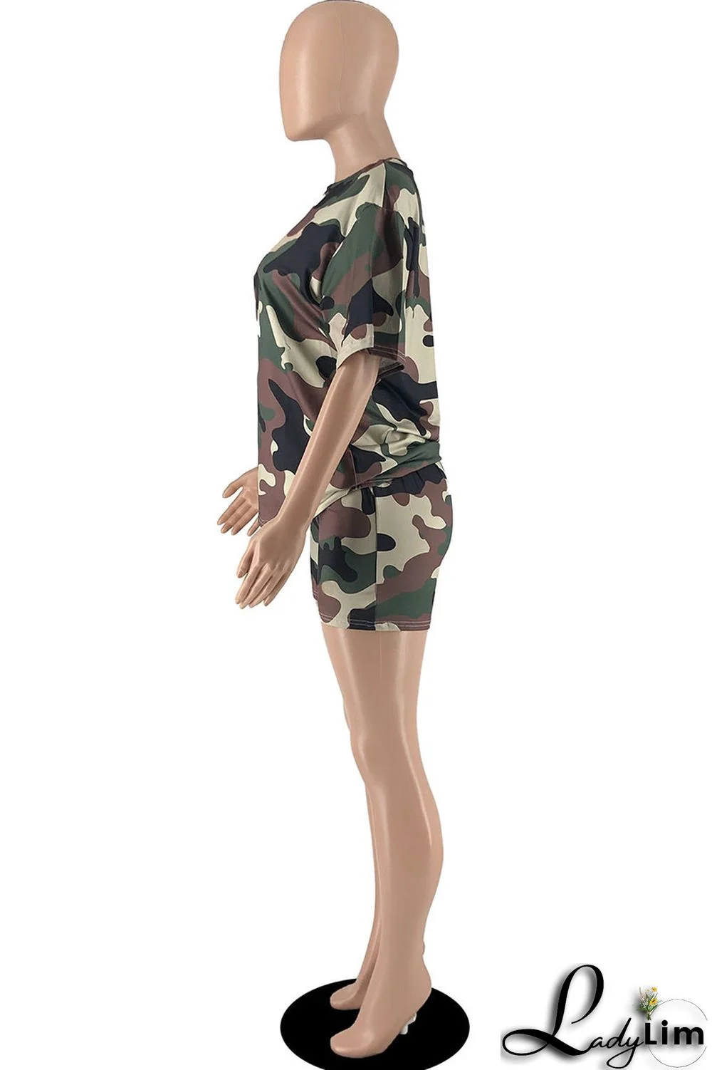 Army Green Casual Print Patchwork O Neck Short Sleeve Two Pieces