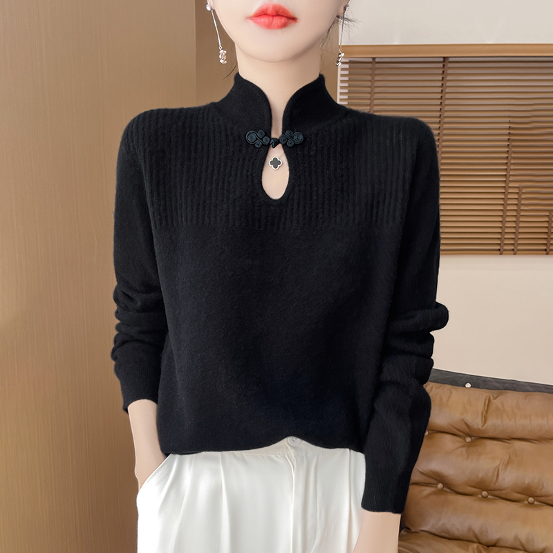 Women Merino Wool Sweater Mandarin Collar Pullover Chinese Style Cashmere Bottoming Knitwear Retro Long Sleeve Clothing Tops | Launchpadint