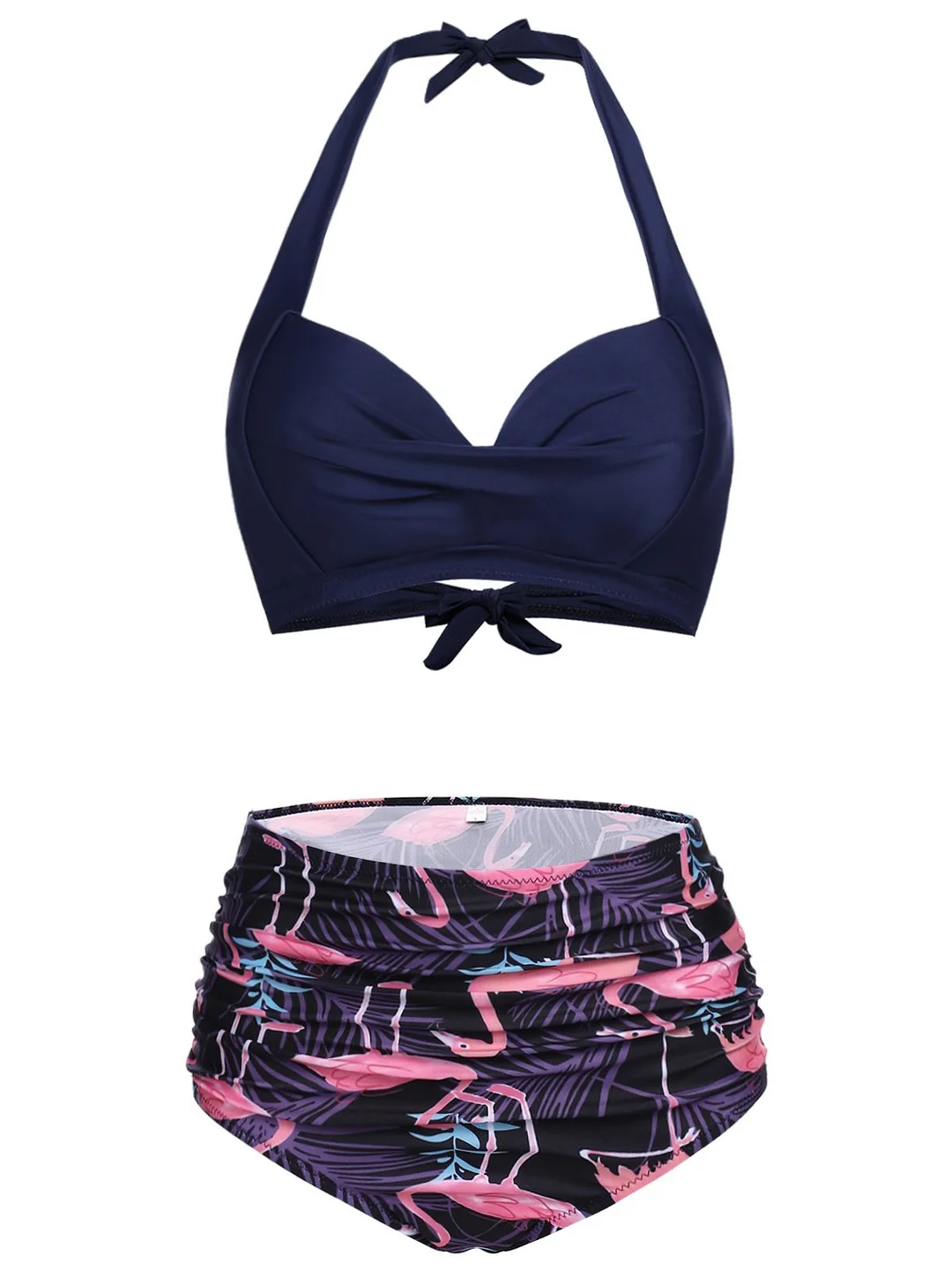 Navy Blue Flamingo Halter Bikini Set