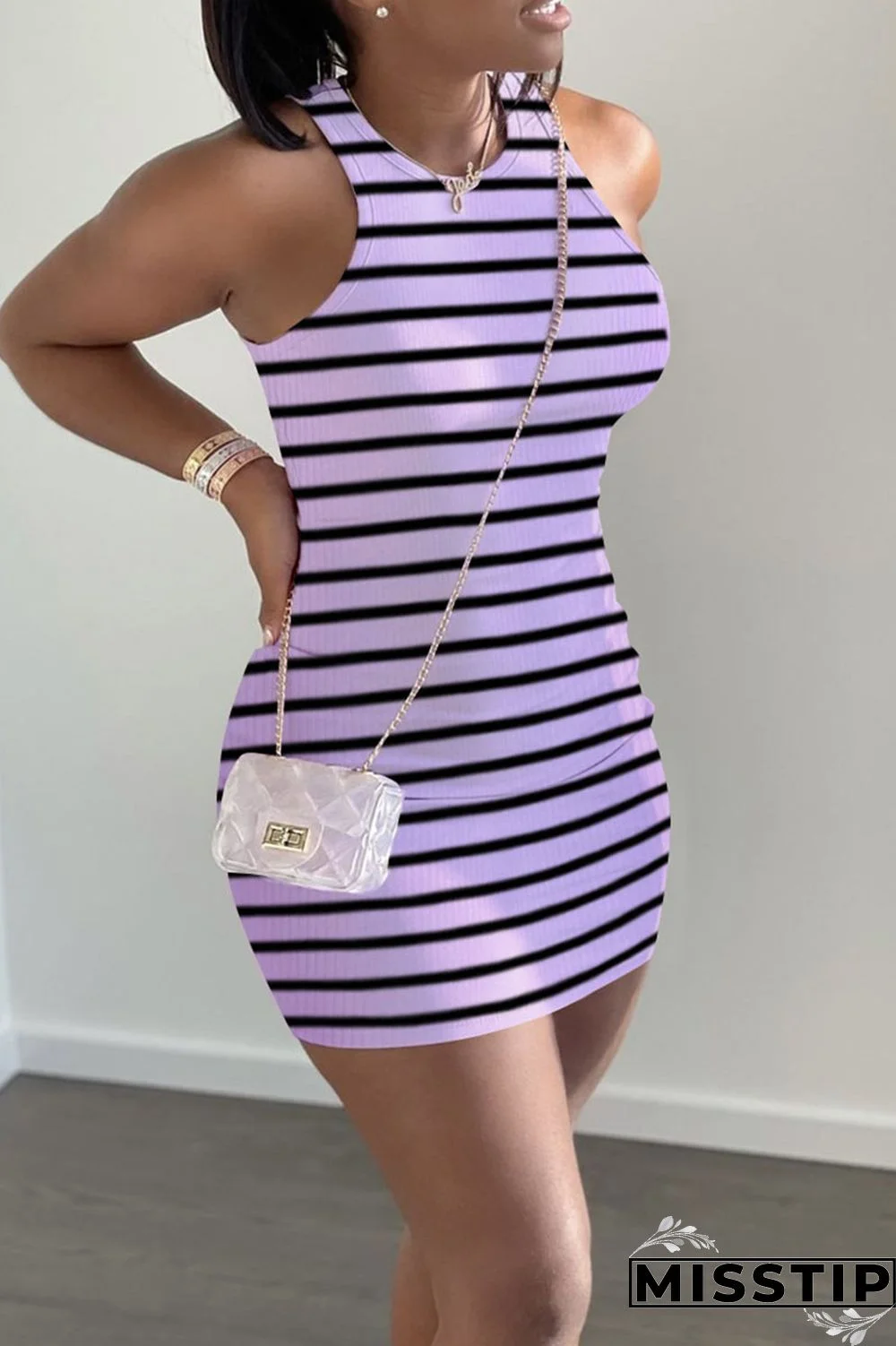 Black Casual Striped Print Patchwork O Neck Vest Dress Dresses