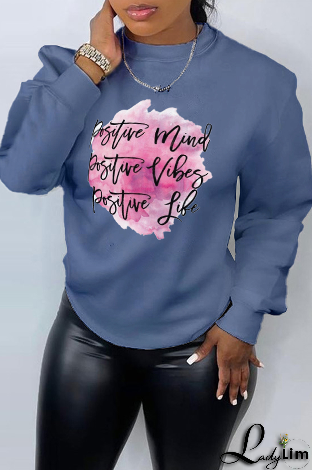 Blue Casual Street Print Patchwork Letter O Neck Tops