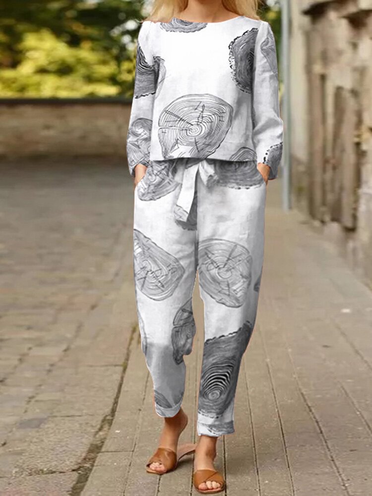 Vintage Printed Cotton Elastic Waist Two-piece Set Suit - Life is Beautiful for You - SheChoic