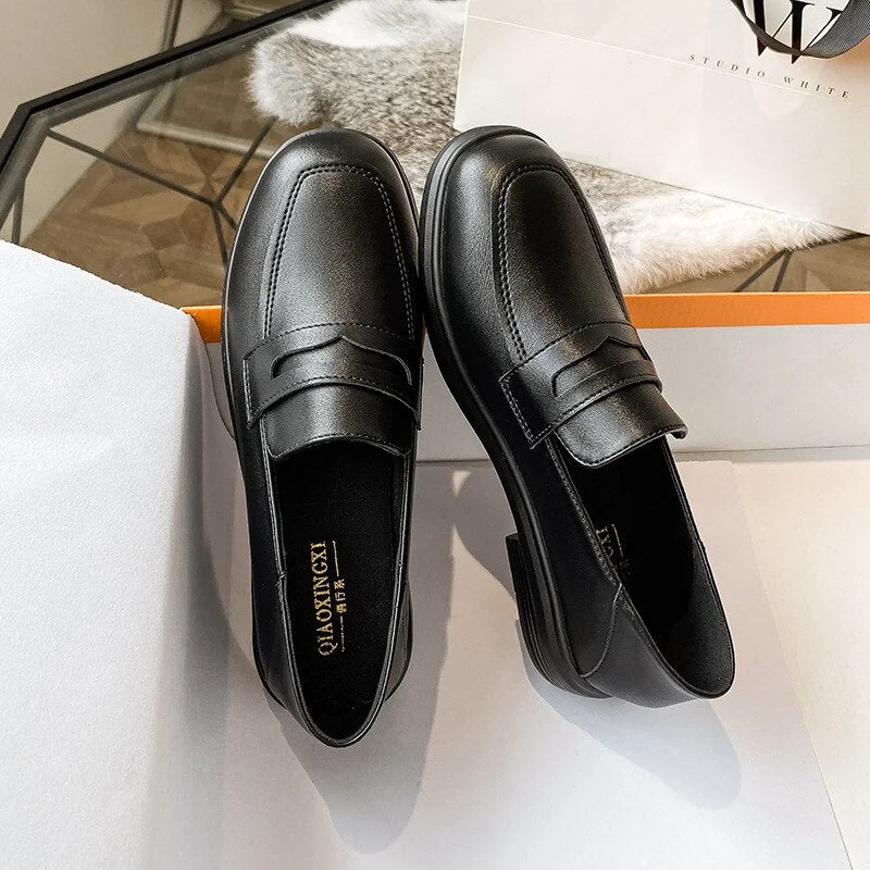 2021 Spring and Autumn fashion women's leather shoes heel black metal design single shoe loafers large size 41-44 free shipping