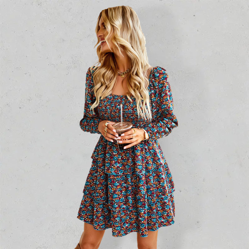 Llyge Women's Square Neck Long Sleeve Printed Cake Dress llyge