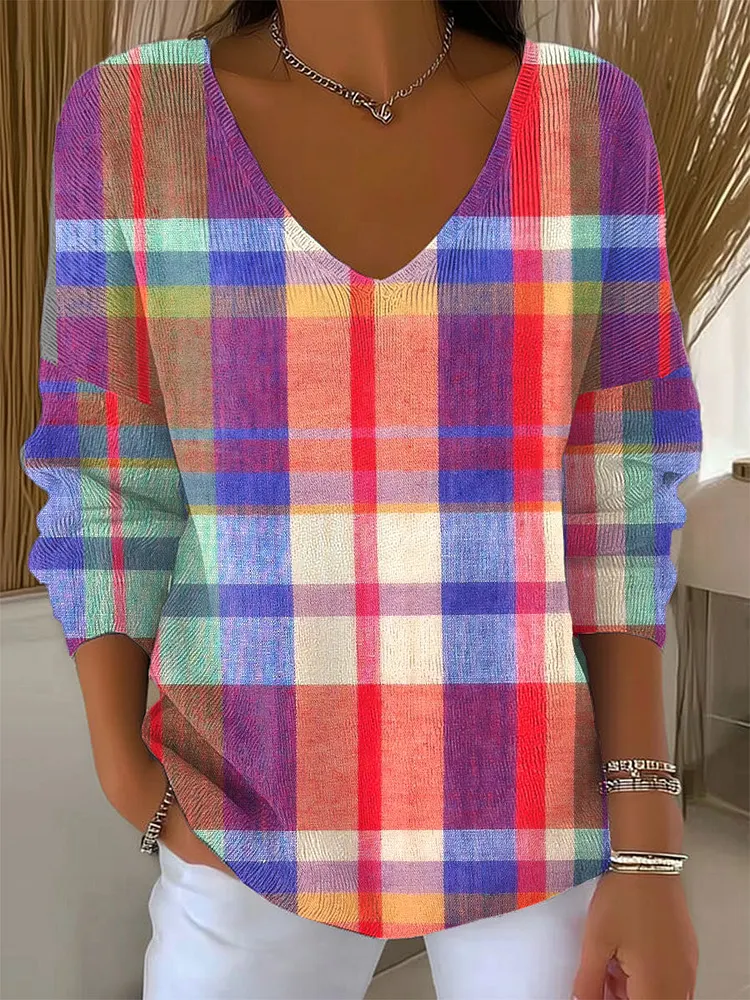 Women's Vintage Abstract Plaid Art Print Casual Pullover Sweater
