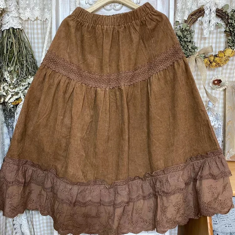 Queenfunky cottagecore style Cute Corduroy Skirt With Big Lace Hem QueenFunky