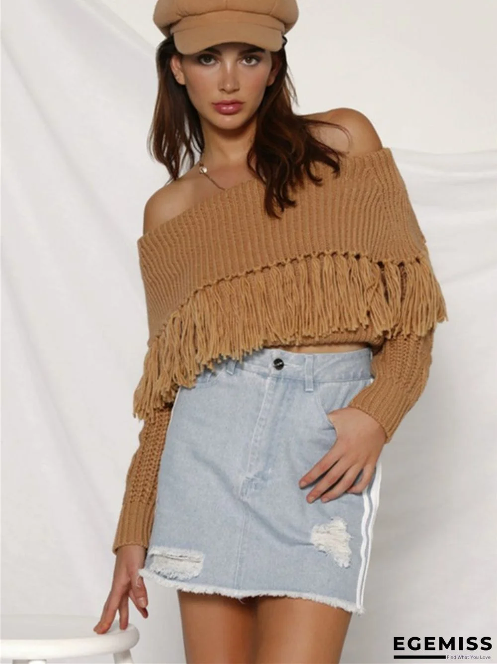 One-shoulder Tassel Off-the-shoulder Sexy Long-sleeved Sweater | EGEMISS