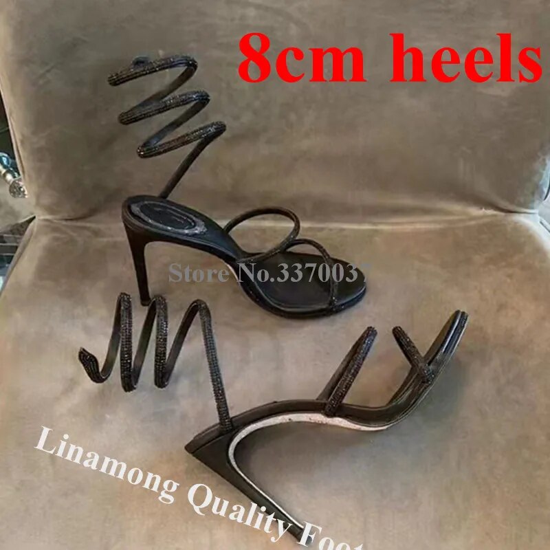 VCSHOES Rhinestones Snake Shapes Straps Sandals Black White Crystals Stiletto Heel Wedding Shoes Round Toe High Heels