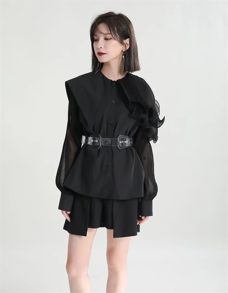 Loose Lapel Ruched Belted Puff Sleeve Shirt - yankia