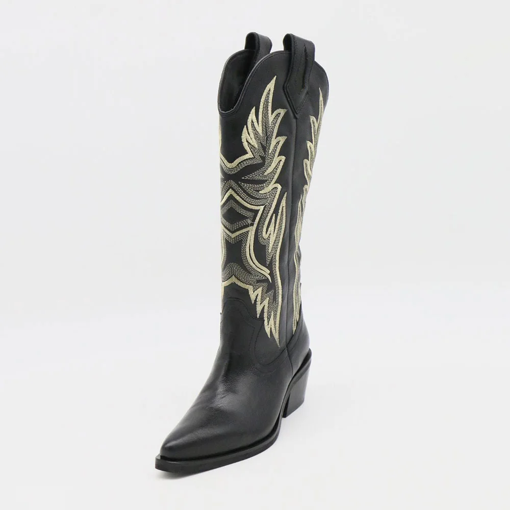 Black Snip Toe Chunky Heel Embroidered Western Cowgirl Boots