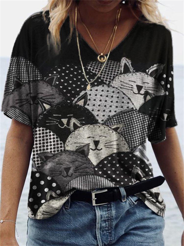 Vefave Lovely Cats Patchwork Fiber Art T Shirt