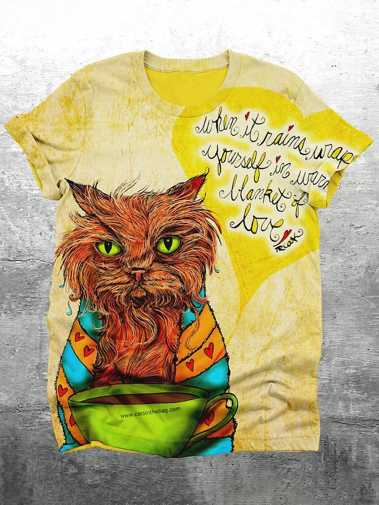 Men's Hippie Art Cat Coffee Print Casual T-Shirt