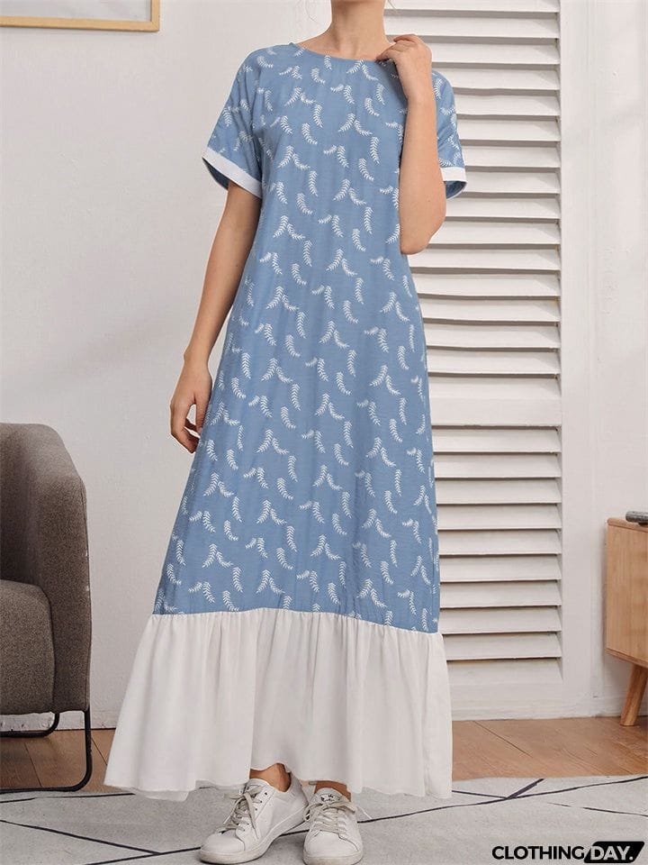 Round Neck Printed Contrast Color Long Dresses